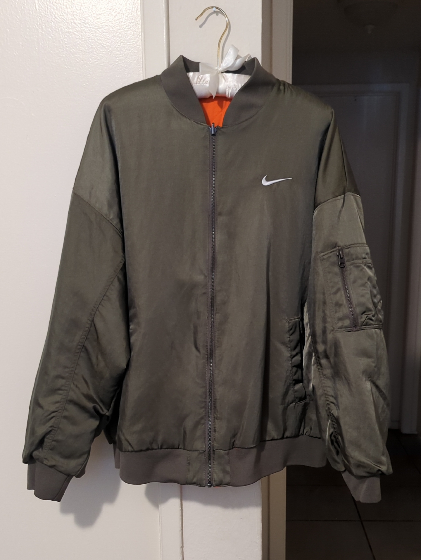 Nike Olive Green Bomber Jacket With Reversible Orange Lining